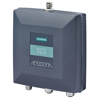 Un lecteur RFID Siemens SIMATIC RF615R rectangulaire et gris avec logo. En haut un connecteur, en bas trois connexions.