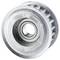 Une poulie de courroie dentée argentée avec des dents visibles et des roulements à billes, utilisée pour les transmissions mécaniques dans les machines.