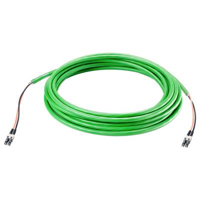 Câble à fibre optique vert avec connecteurs blancs et noirs aux deux extrémités. Utilisé pour la transmission rapide de données dans les réseaux.
