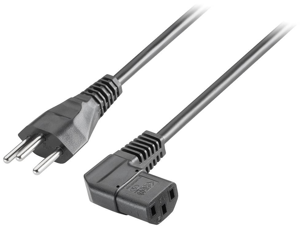 'Câble réseau noir avec fiche Euro à gauche et connecteur IEC-C13 à droite, adapté pour l'alimentation électrique des appareils.'