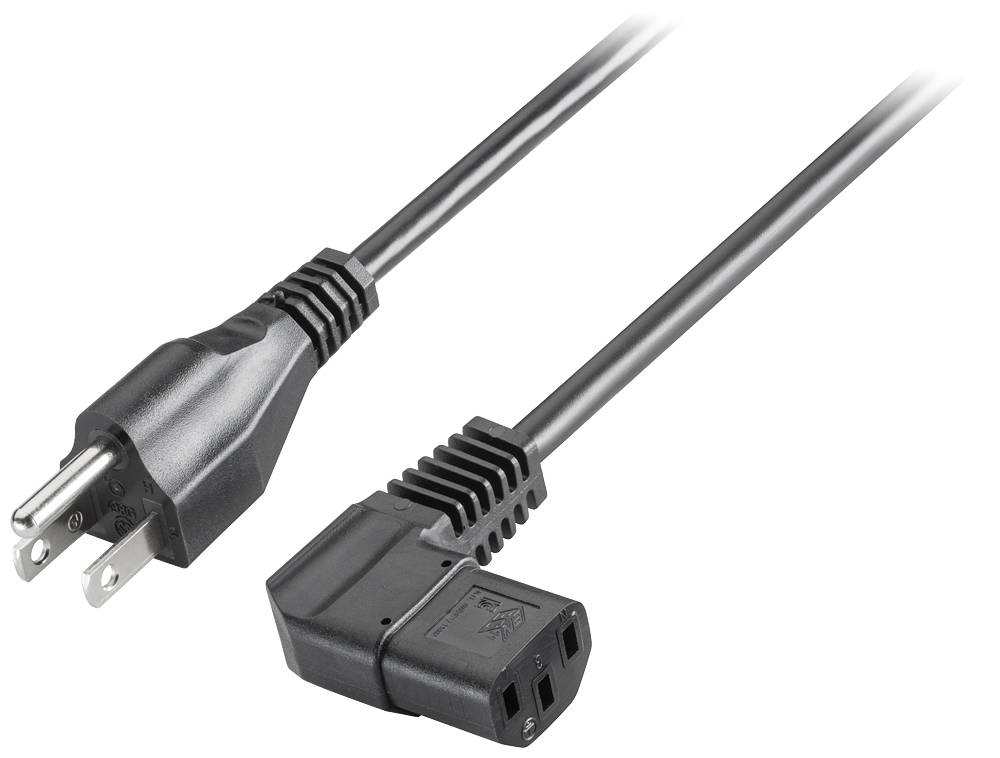 Câble réseau noir avec une fiche bipolaire et un connecteur C13 coudé, adapté aux ordinateurs et appareils électriques.