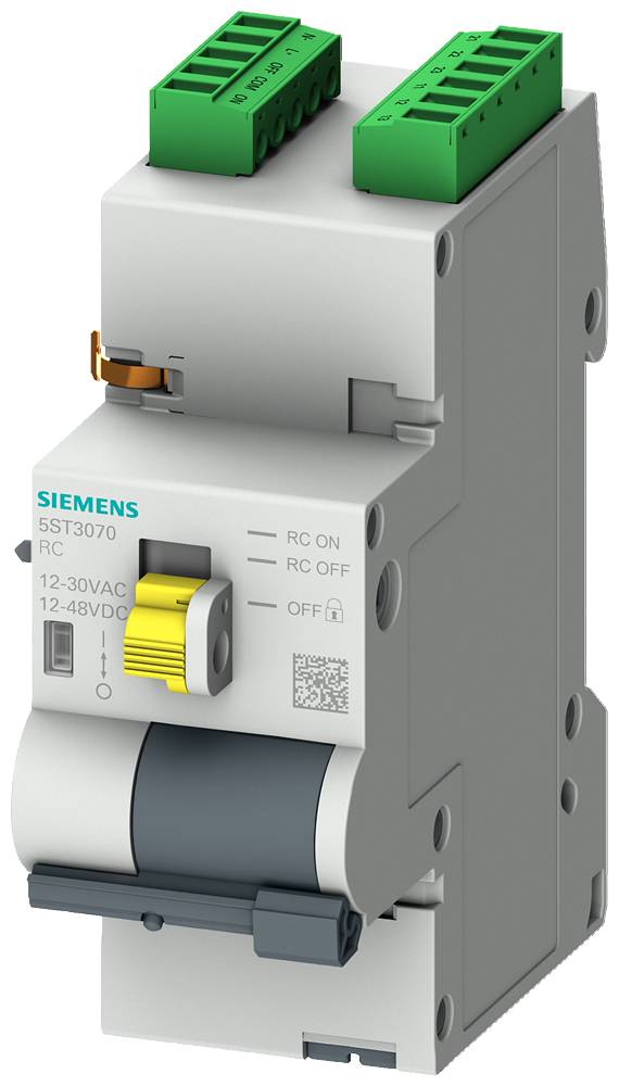 Un disjoncteur électrique Siemens, modèle 5ST3070. Il possède des bornes vertes en haut et un levier jaune sur la façade.