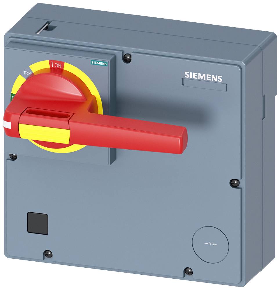 Interrupteur-sectionneur Siemens en gris avec poignée rouge. L'interrupteur est en position 'MARCHE'.
