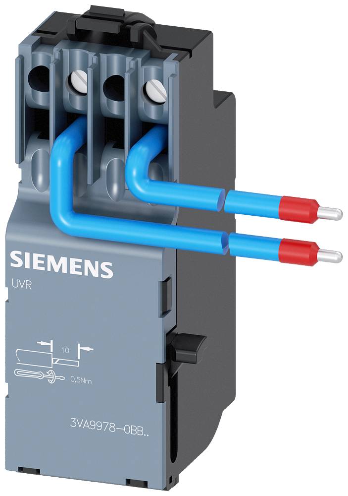 Un composant électrique portant l'inscription 'SIEMENS UVR', avec deux câbles bleus munis d'embouts rouges sont connectés.