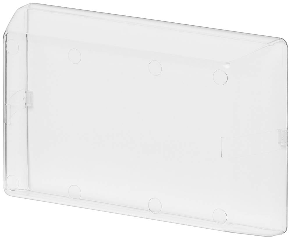 Un étui en plastique transparent, rectangulaire, probablement destiné à des cartes ou de petits documents, avec des coins arrondis.