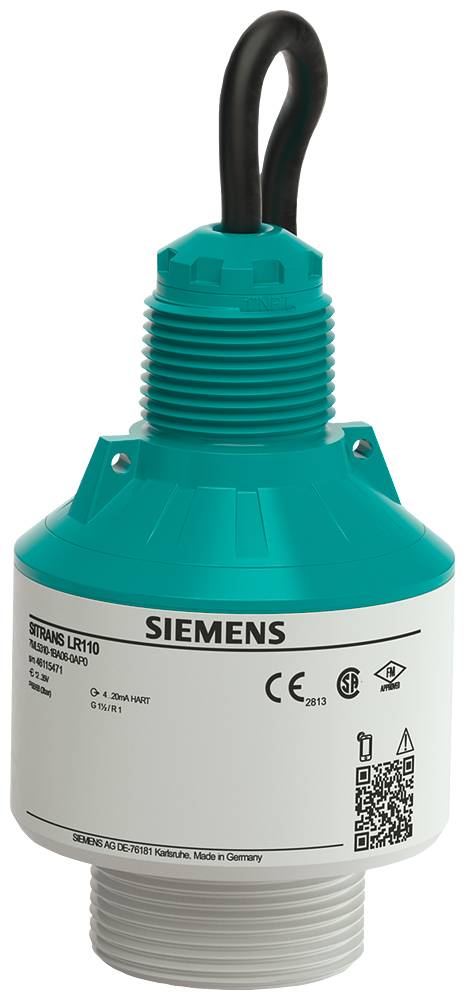 Un capteur Siemens vert et blanc avec étiquette, code QR et marque de contrôle, utilisé pour les mesures dans les applications industrielles.