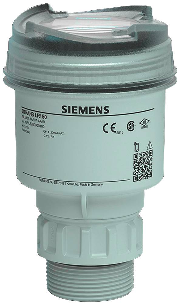 Appareil de mesure de niveau par radar 'SITRANS LR150' de Siemens, de forme cylindrique avec impression et code QR. Destiné aux applications industrielles.