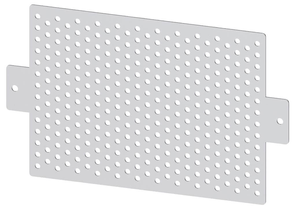 Tôle métallique perforée avec des trous ronds réguliers. Forme rectangulaire avec des pattes allongées sur les côtés.