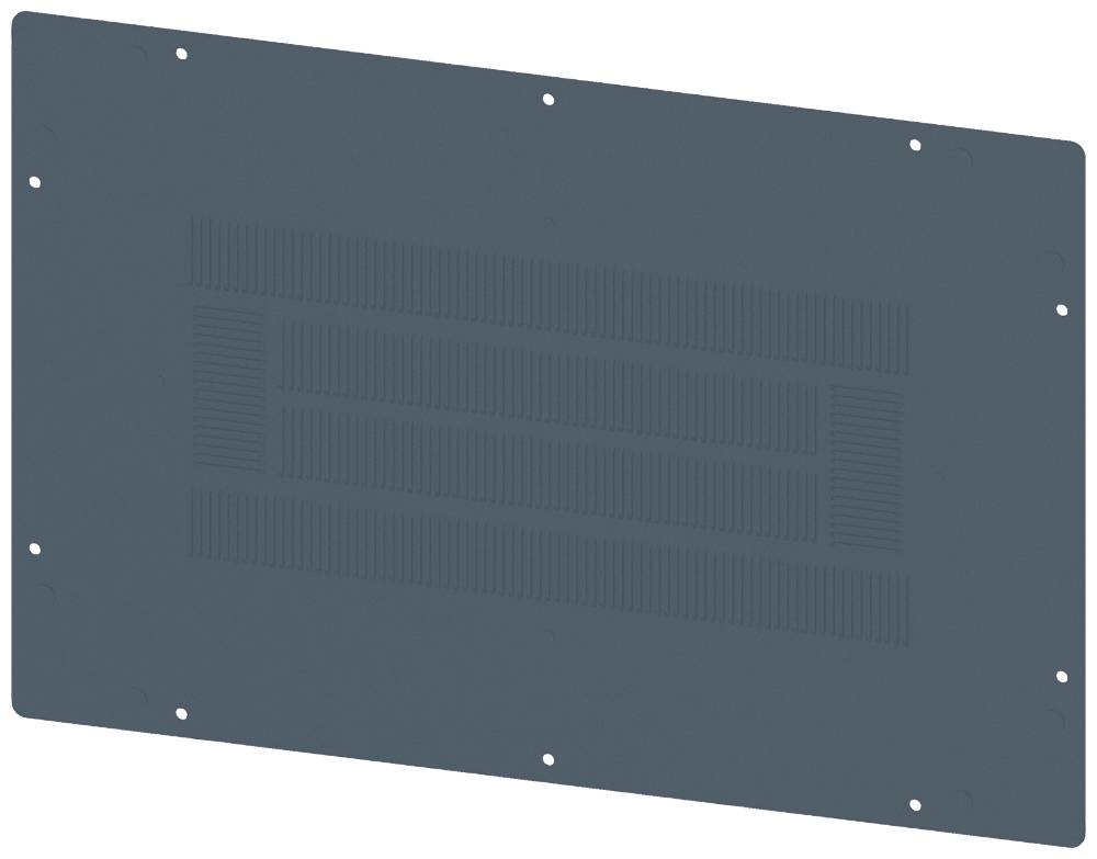 Plaque d'acier noir, de forme rectangulaire, percée de plusieurs trous répartis uniformément et dotée de fentes de ventilation centrales.