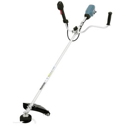 Un taille-herbe électrique avec une longue poignée, une tête de coupe noire à l'extrémité inférieure et un moteur bleu sur la poignée.
