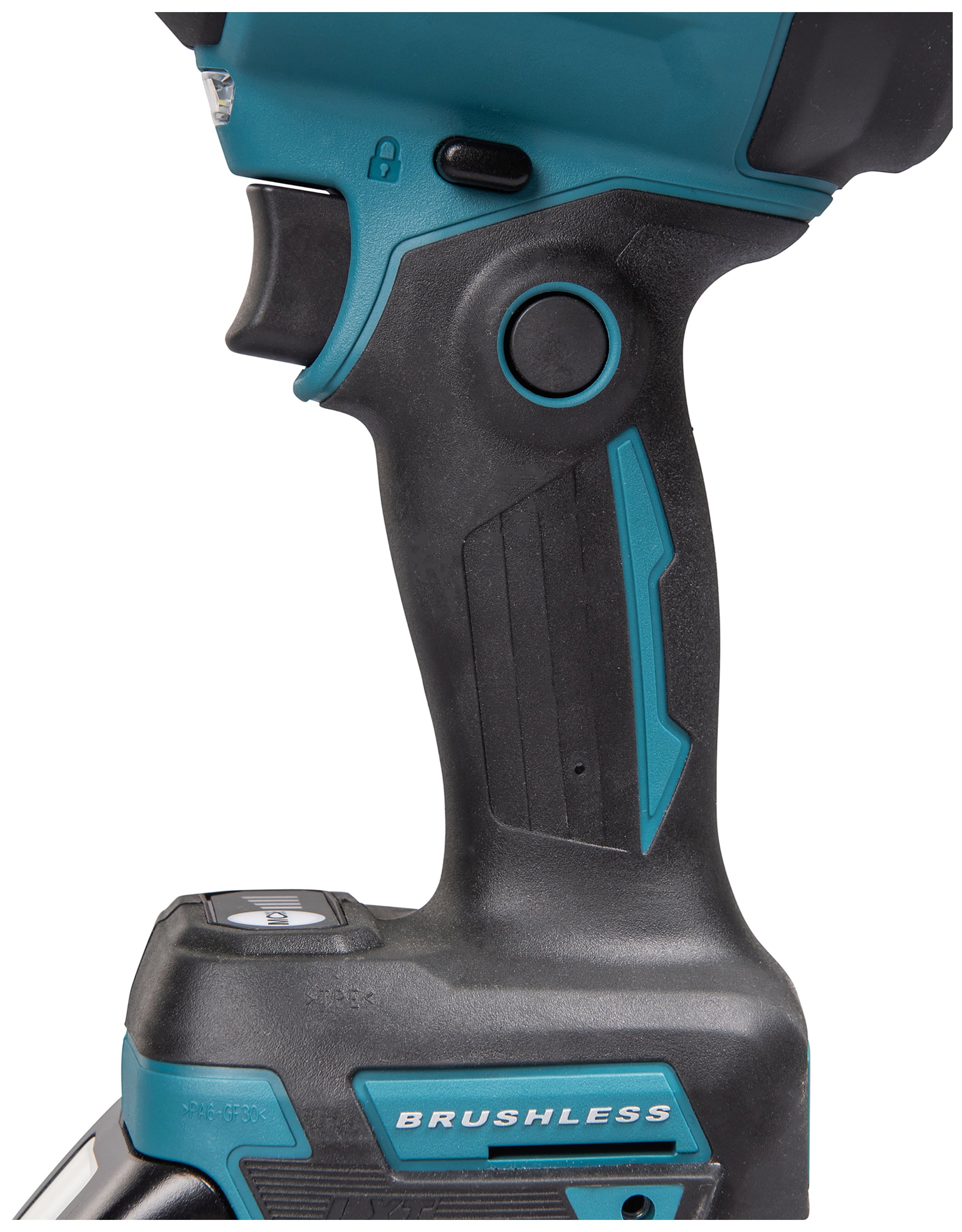 Une partie d'un outil électrique sans fil avec une poignée ergonomique et un interrupteur. Texte sur l'outil : 'Brushless'.