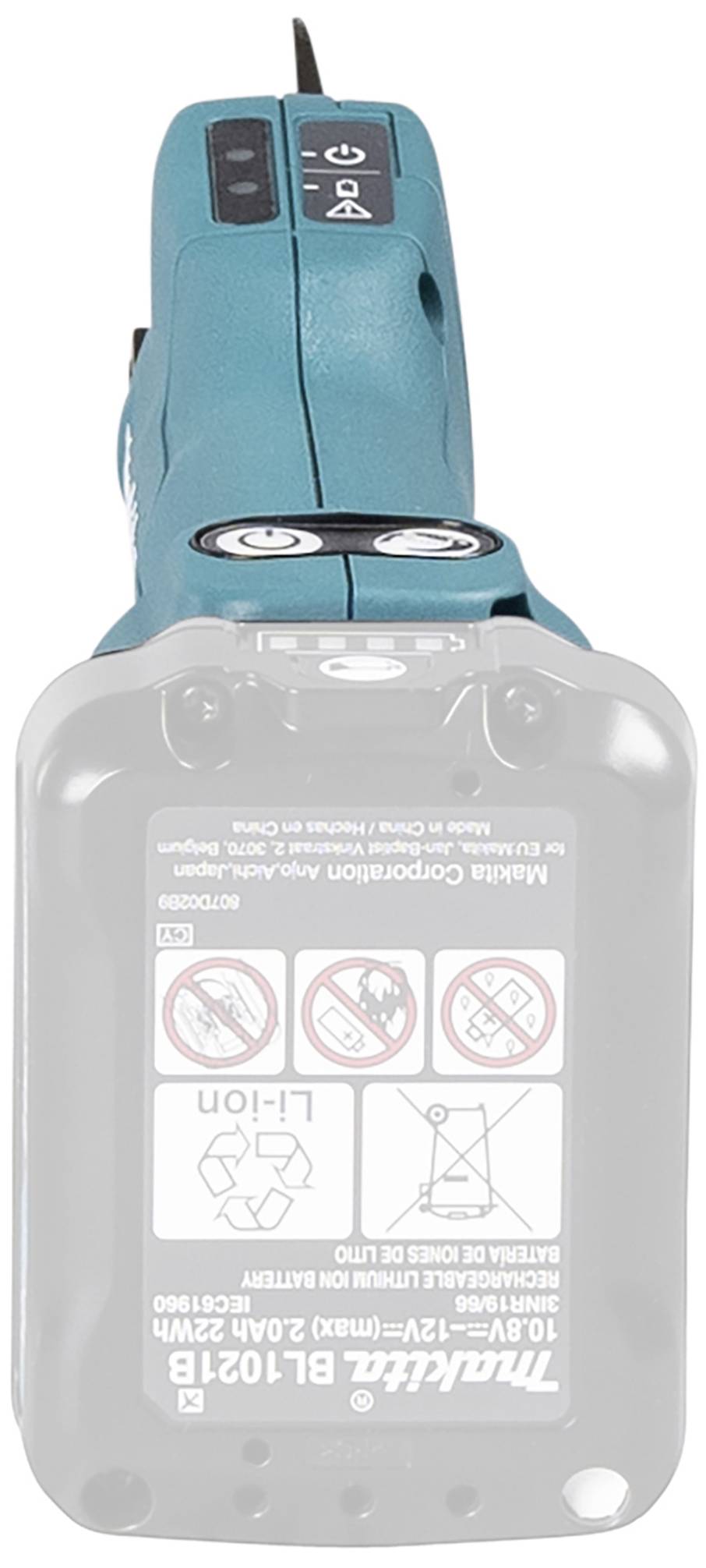 Un outil électrique sans fil de Makita, modèle BL1021B, avec des consignes de sécurité et d'utilisation sur une étiquette apposée sur la batterie.