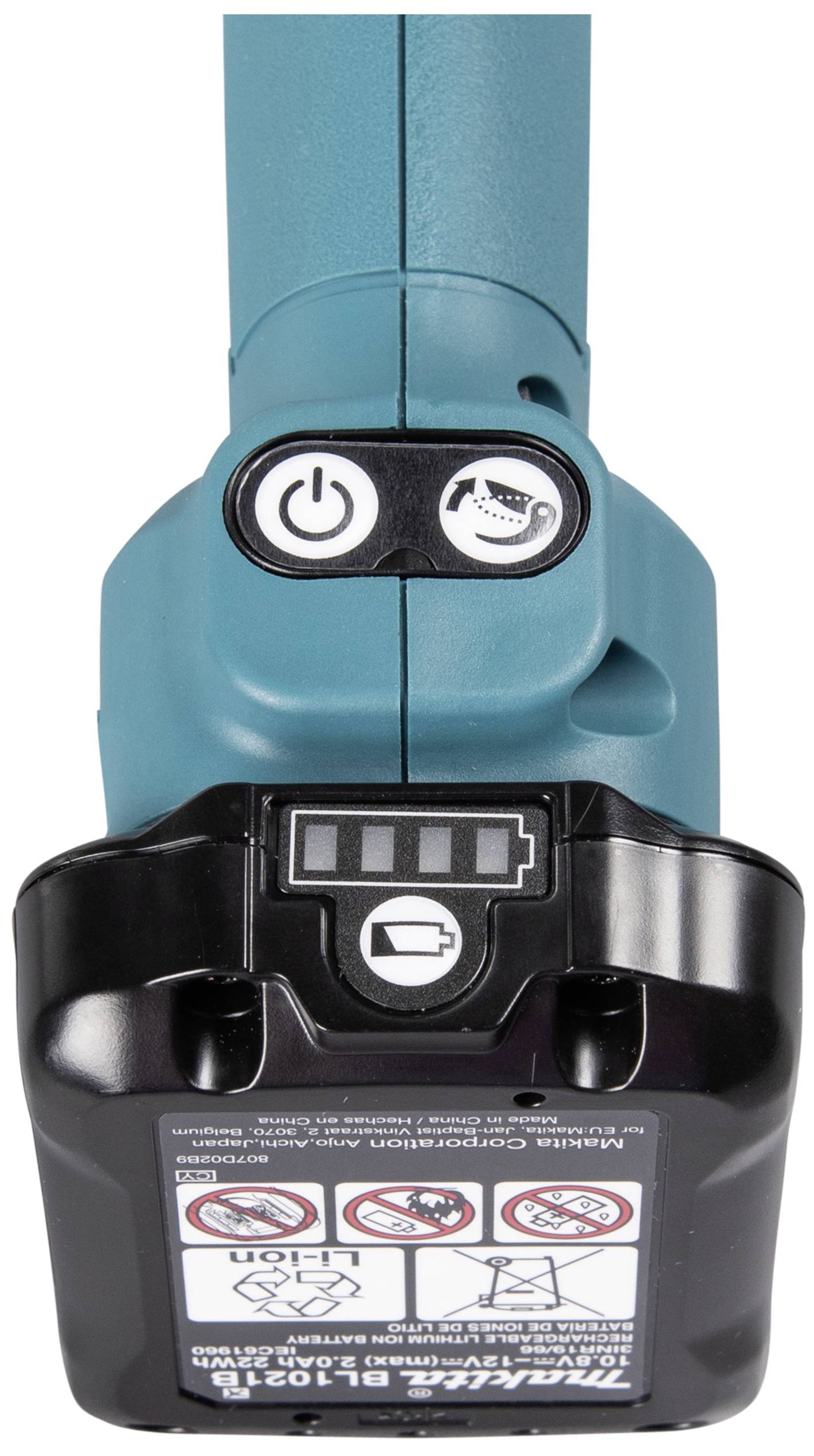 Un tournevis électrique à batterie en turquoise et noir, doté d'un mécanisme de verrouillage et d'indications de sécurité sur l'étiquette.