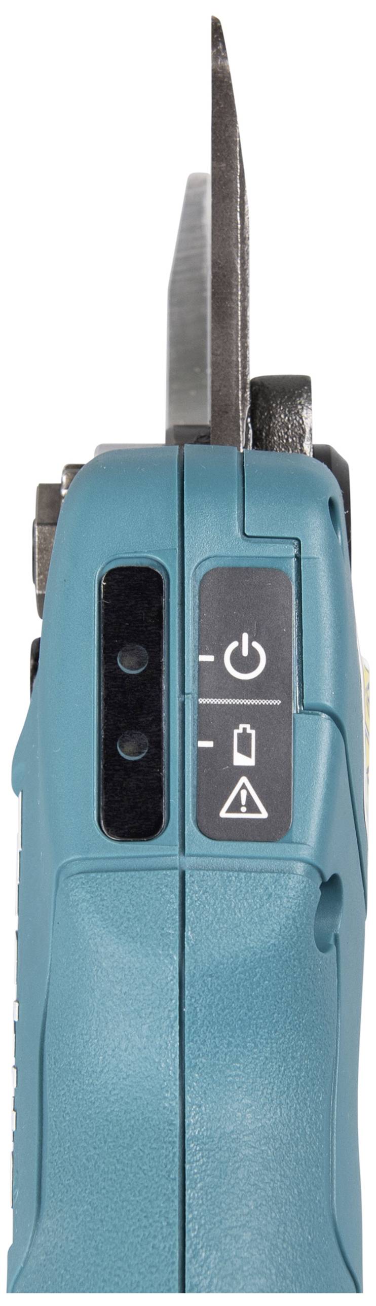 Un appareil électrique portatif de couleur turquoise, doté de commandes sur le côté, comprenant un interrupteur marche/arrêt et des symboles indiquant différents réglages de fonctions.