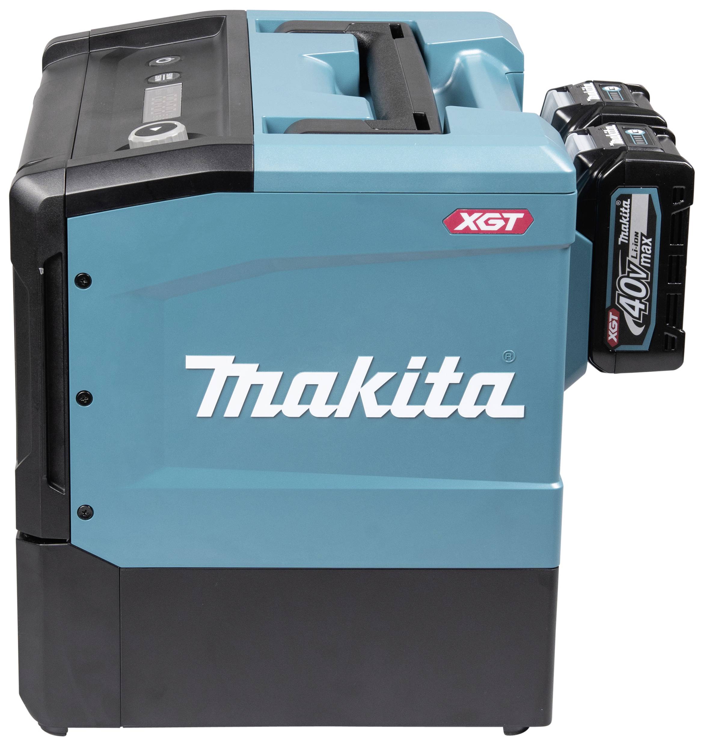 Glacière portable bleue Makita XGT avec batterie fixée sur le côté.