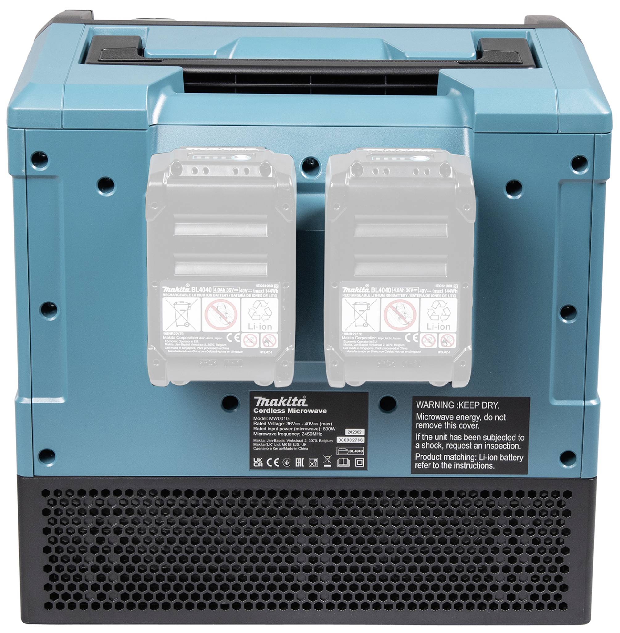 Micro-ondes portable à batterie en turquoise avec deux compartiments de batteries, grille de ventilation à l'avant et avertissement sur l'étiquette.