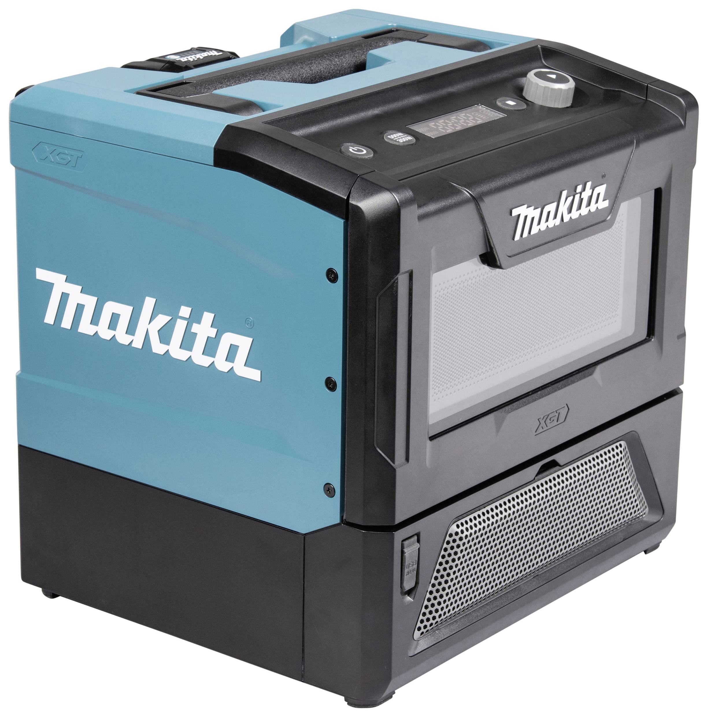 Le four à micro-ondes Makita en bleu et noir, doté d'une poignée et d'un panneau de contrôle, affiche le logo sur le côté.