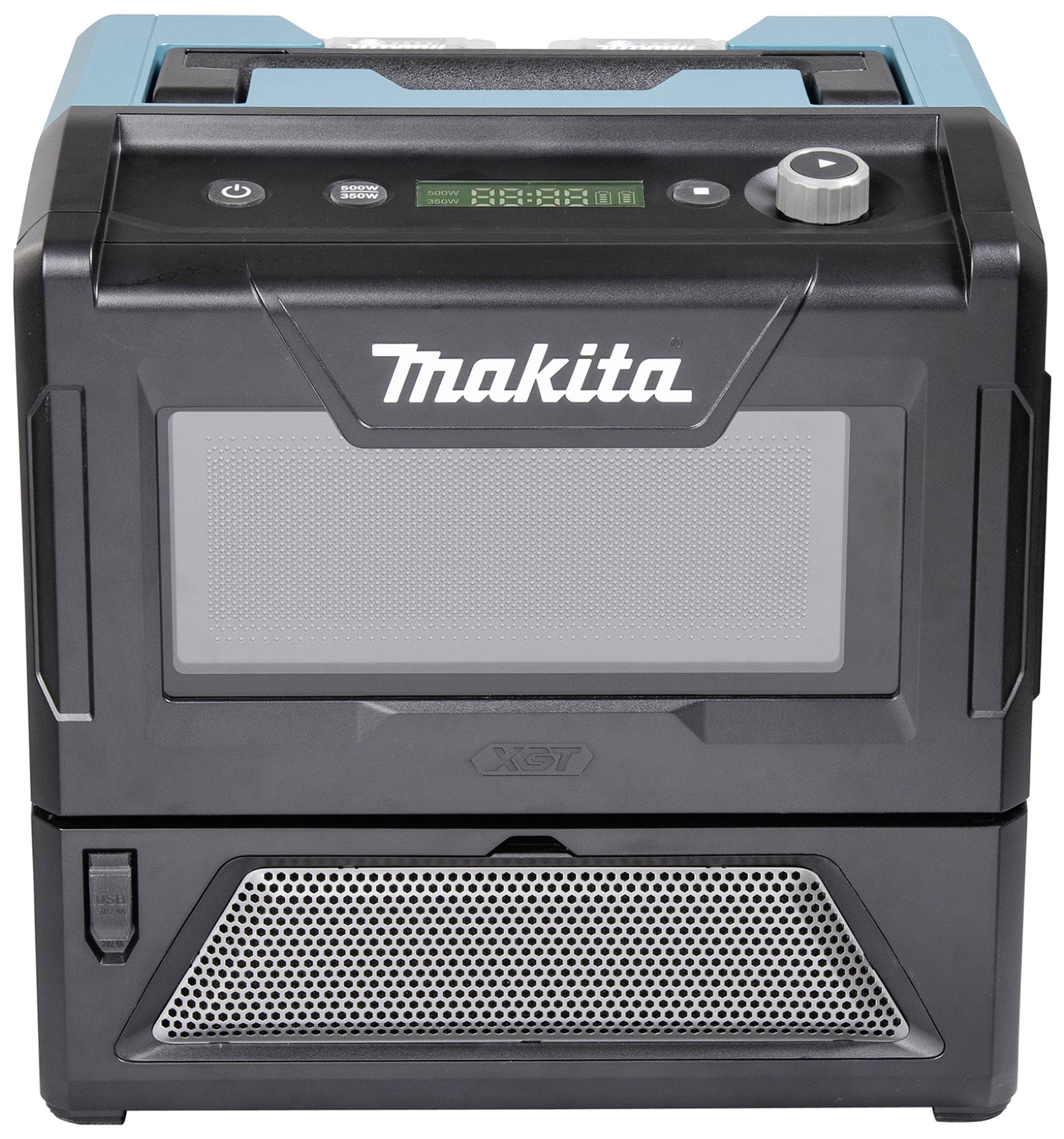 Four micro-ondes compact Makita avec affichage numérique et bouton rotatif, adapté pour une utilisation mobile, design noir robuste.