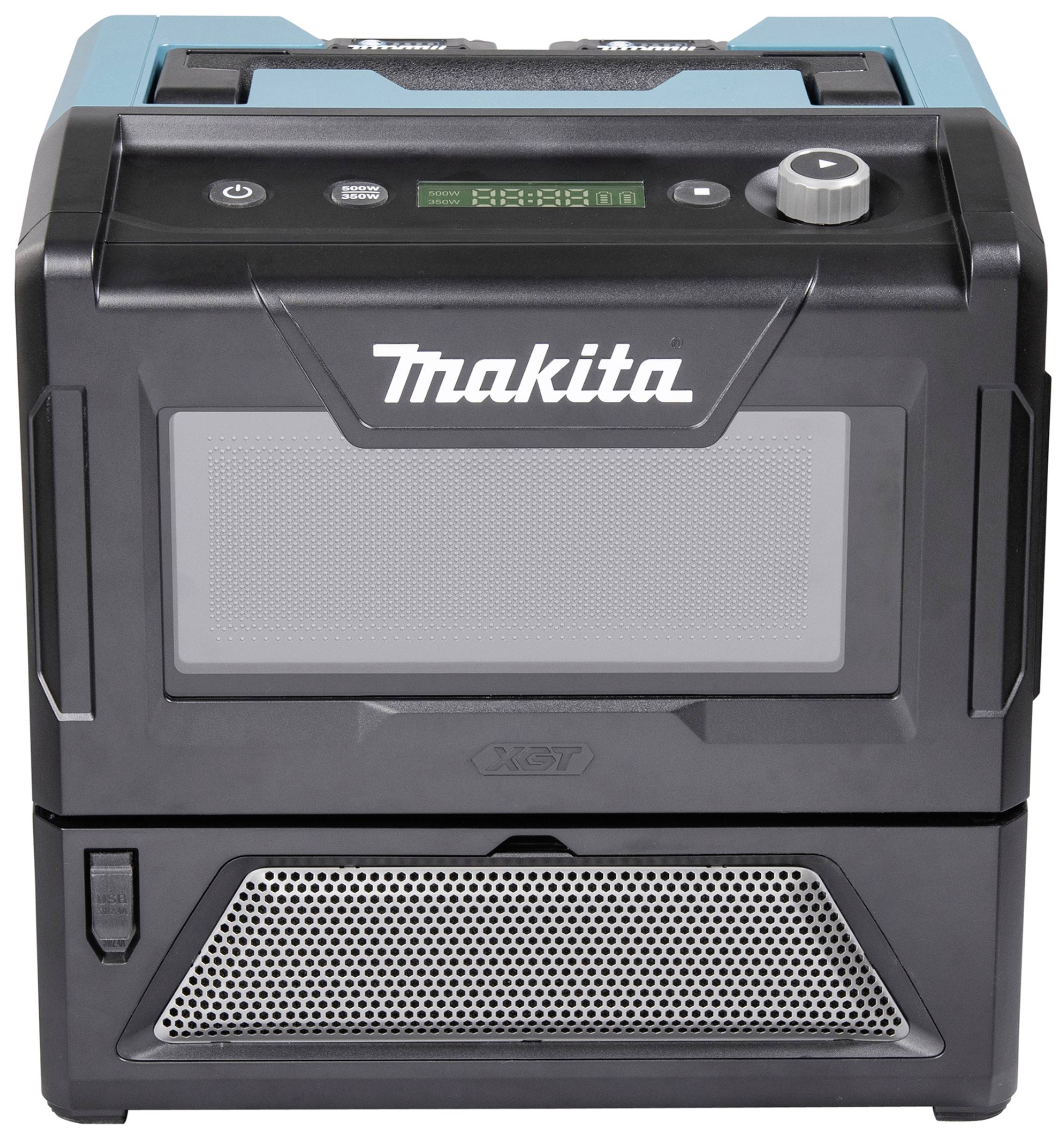 Un réfrigérateur portable noir à batterie de Makita avec un affichage numérique sur le dessus.