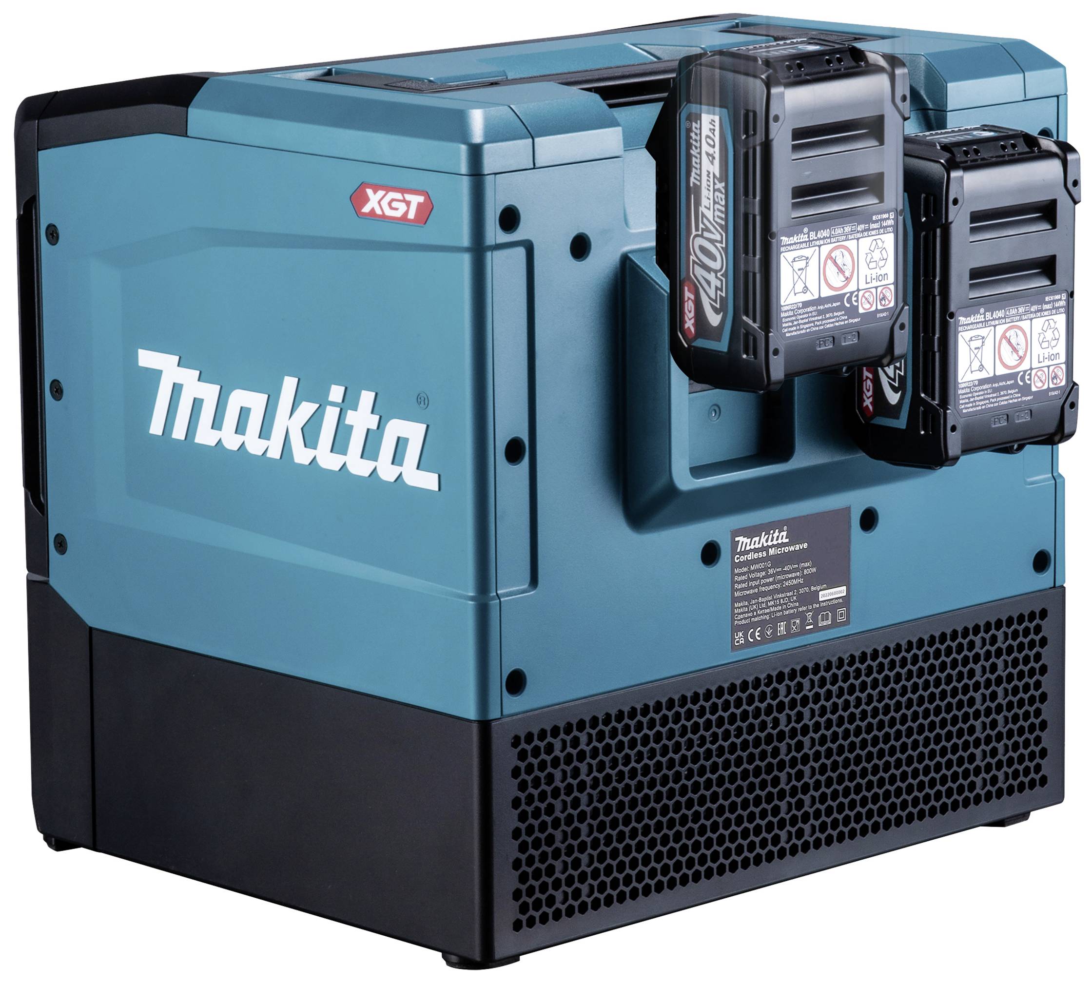Chargeur Makita XGT avec deux batteries installées, adapté aux outils haute performance.