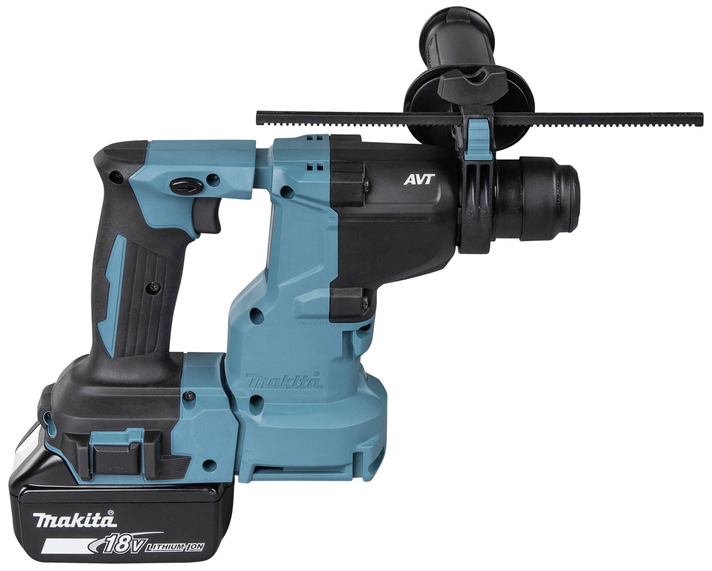 Marteau perforateur à batterie en bleu et noir avec poignée et batterie 18V, poignée latérale de support et logo de marque.