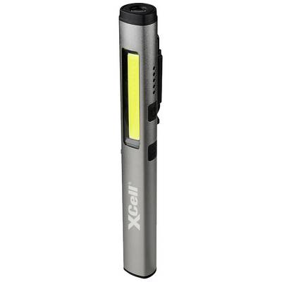 Un stylo lampe de poche argenté avec une bande lumineuse jaune latérale caractéristique et l'inscription 'XCell'. Idéal pour un éclairage précis.