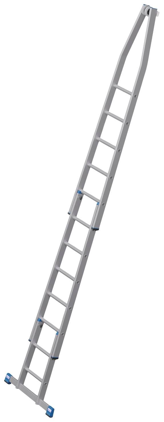 Une longue échelle métallique inclinée vers le haut, avec des détails bleus.