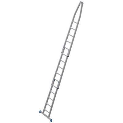 Une longue échelle en aluminium gris avec des embouts en caoutchouc bleus est dressée verticalement. Parfaite pour les travaux en hauteur.