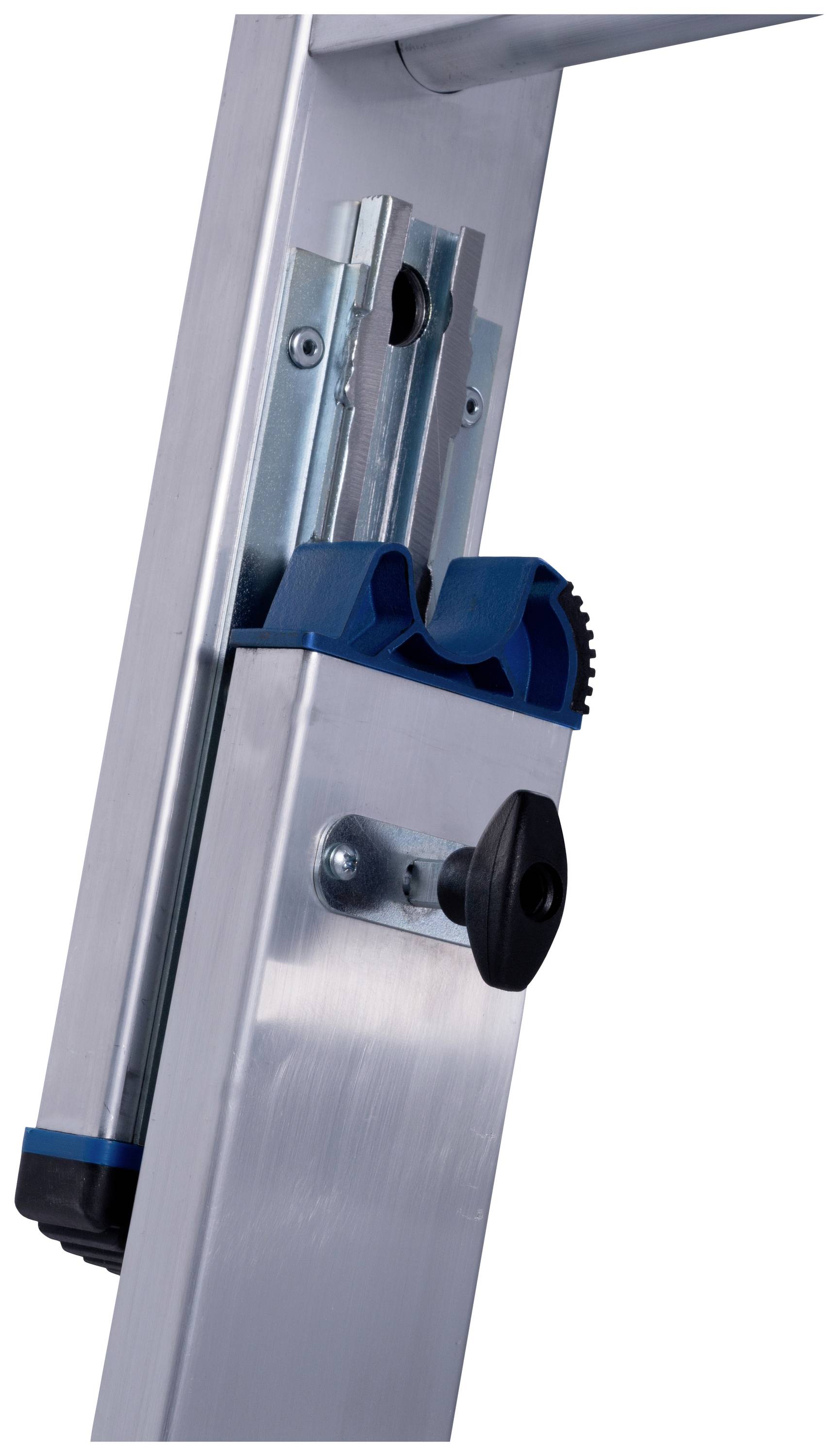 Une échelle télescopique en aluminium argenté avec un mécanisme coulissant bleu et une molette noire de réglage de hauteur.
