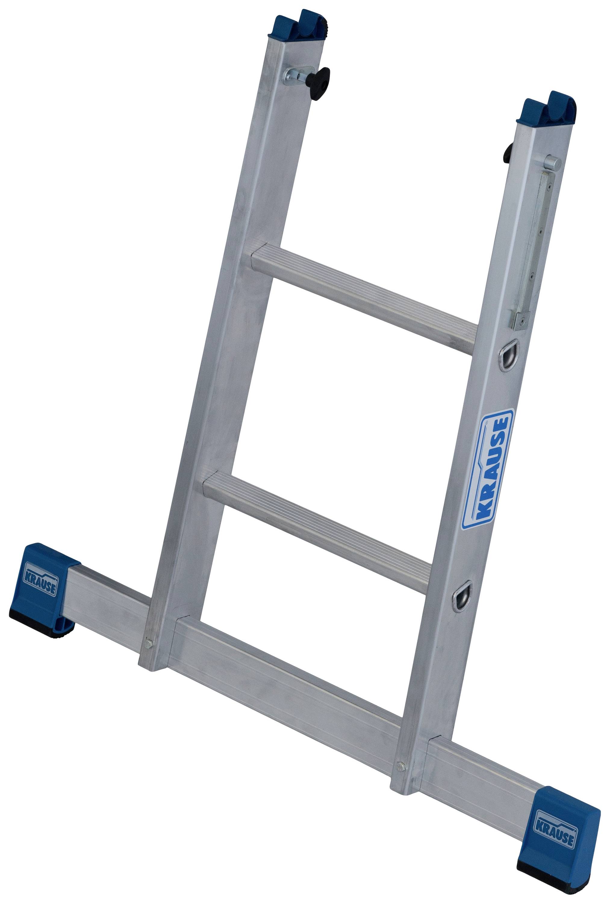 Une échelle stable en aluminium argenté avec trois marches, adaptée à une utilisation en intérieur. Elle est équipée de pieds antidérapants en plastique bleu.
