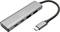 Hub USB-C à quatre ports : deux ports USB et deux ports USB-C, avec un câble court. Boîtier gris métallique.