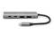 Un hub USB-C argenté avec deux ports USB, deux ports USB-C et un port HDMI. Le câble est tressé.