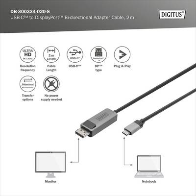 Câble adaptateur bidirectionnel USB-C™ vers DisplayPort, 2 m. L'image montre un câble adaptateur, un moniteur et un ordinateur portable ; Plug & Play, aucune alimentation requise.