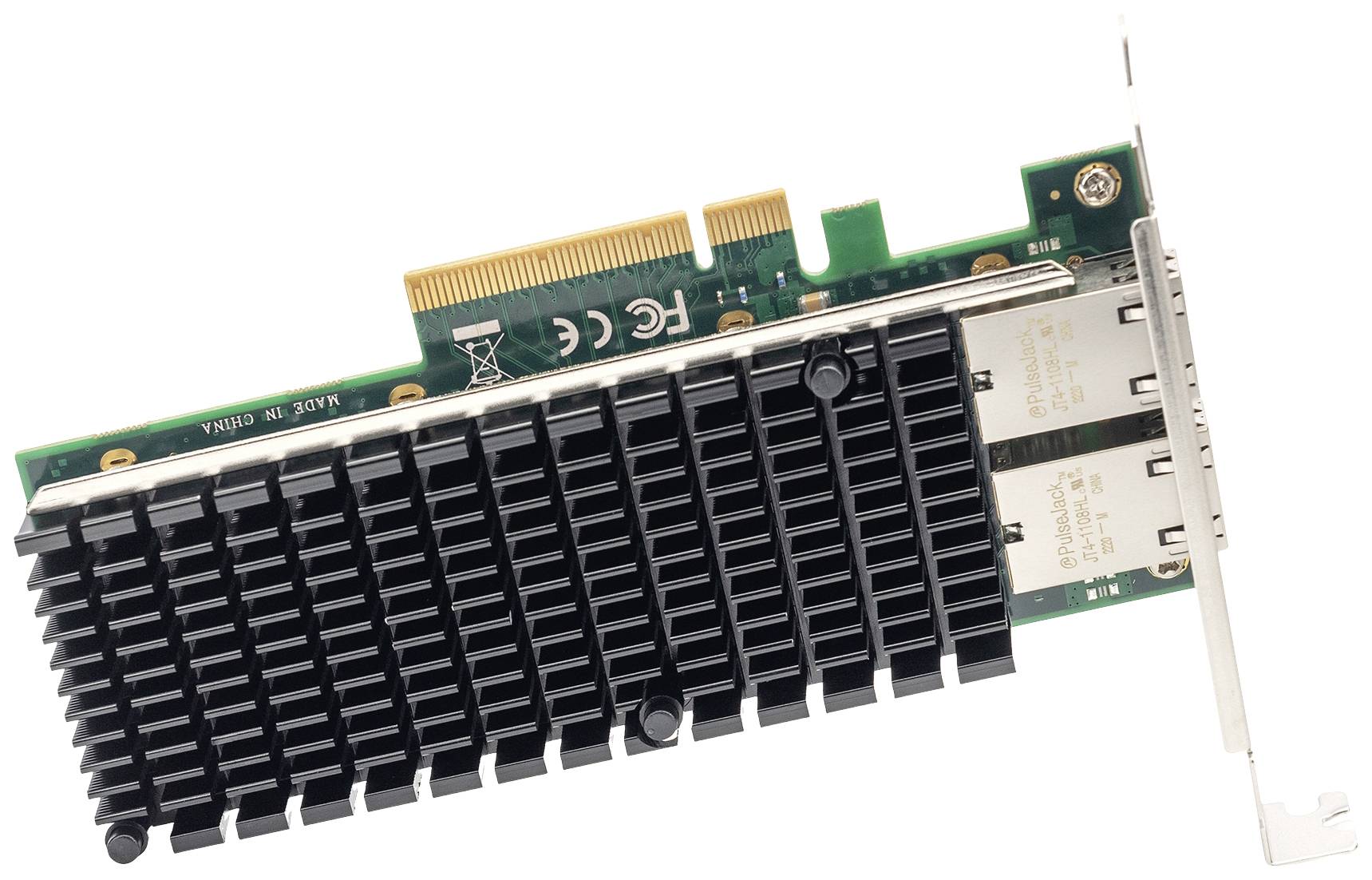 Carte réseau avec deux ports Ethernet et un grand dissipateur thermique, connecteur PCI-Express, principalement destinée aux serveurs et aux ordinateurs hautes performances.