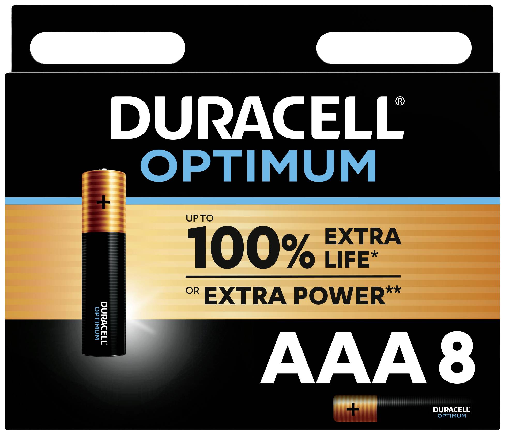 Piles AAA Duracell Optimum, lot de 8, promet 'jusqu'à 100% d'autonomie ou de performance supplémentaire'.