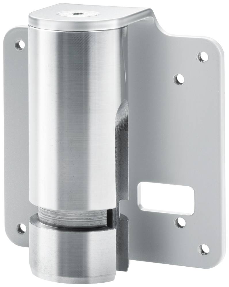 Charnière métallique en acier inoxydable, montage latéral, adaptée aux portes lourdes ou aux applications industrielles, finition argentée brillante.