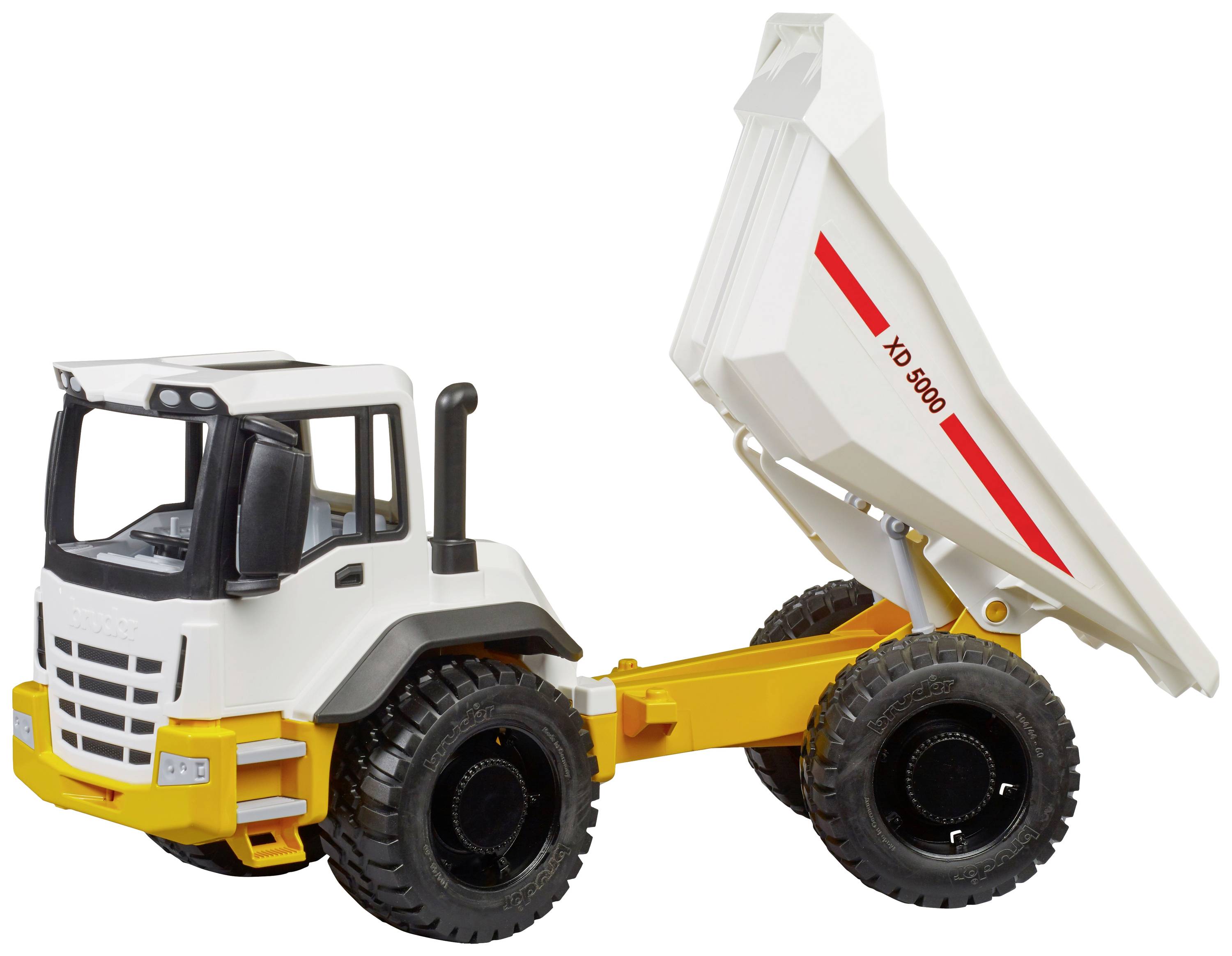 Camion-benne jouet avec cabine blanche, châssis jaune et benne basculante blanche relevée avec une bande rouge.