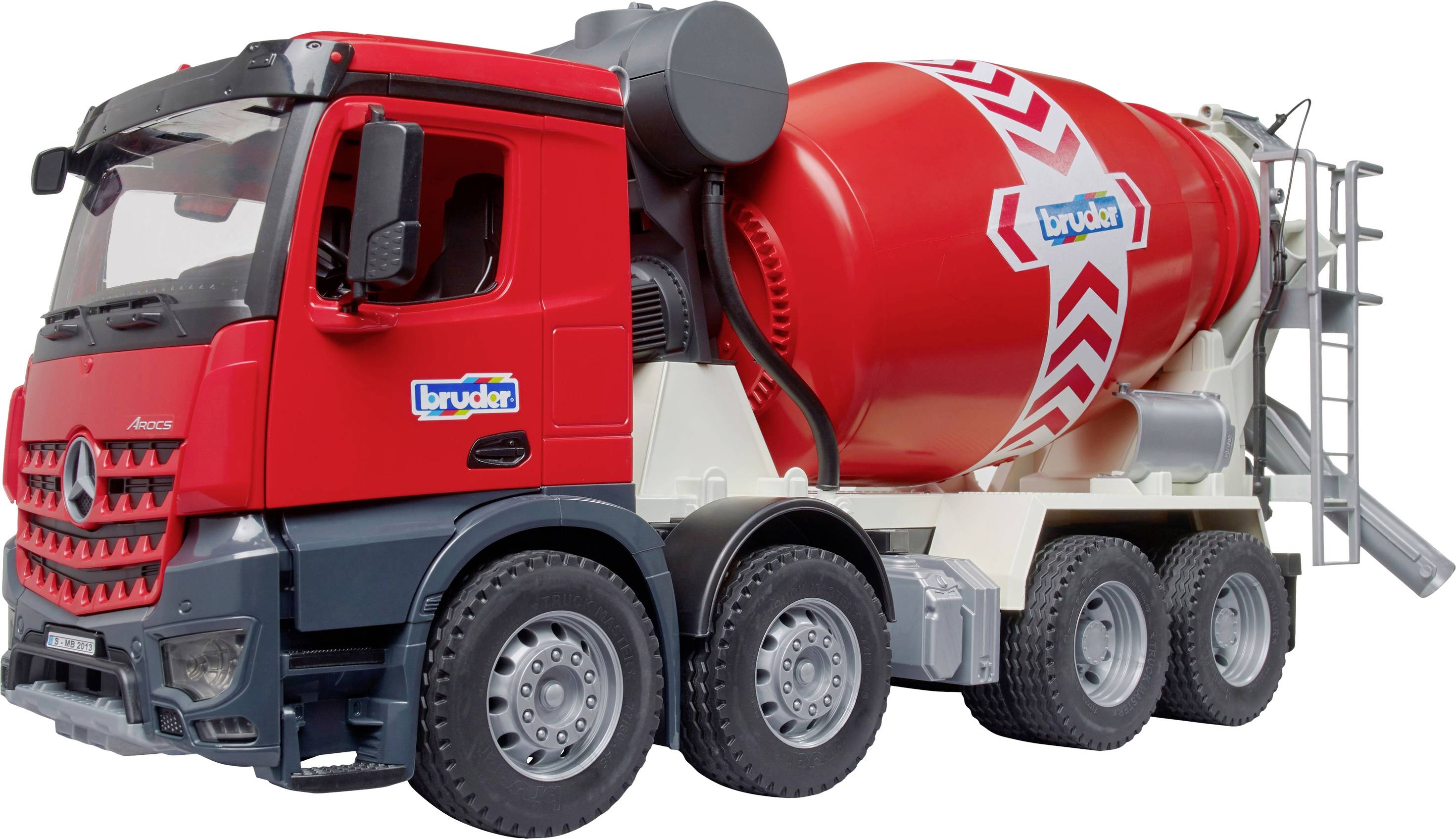 Bétonnière jouet avec châssis rouge et tambour pivotant.