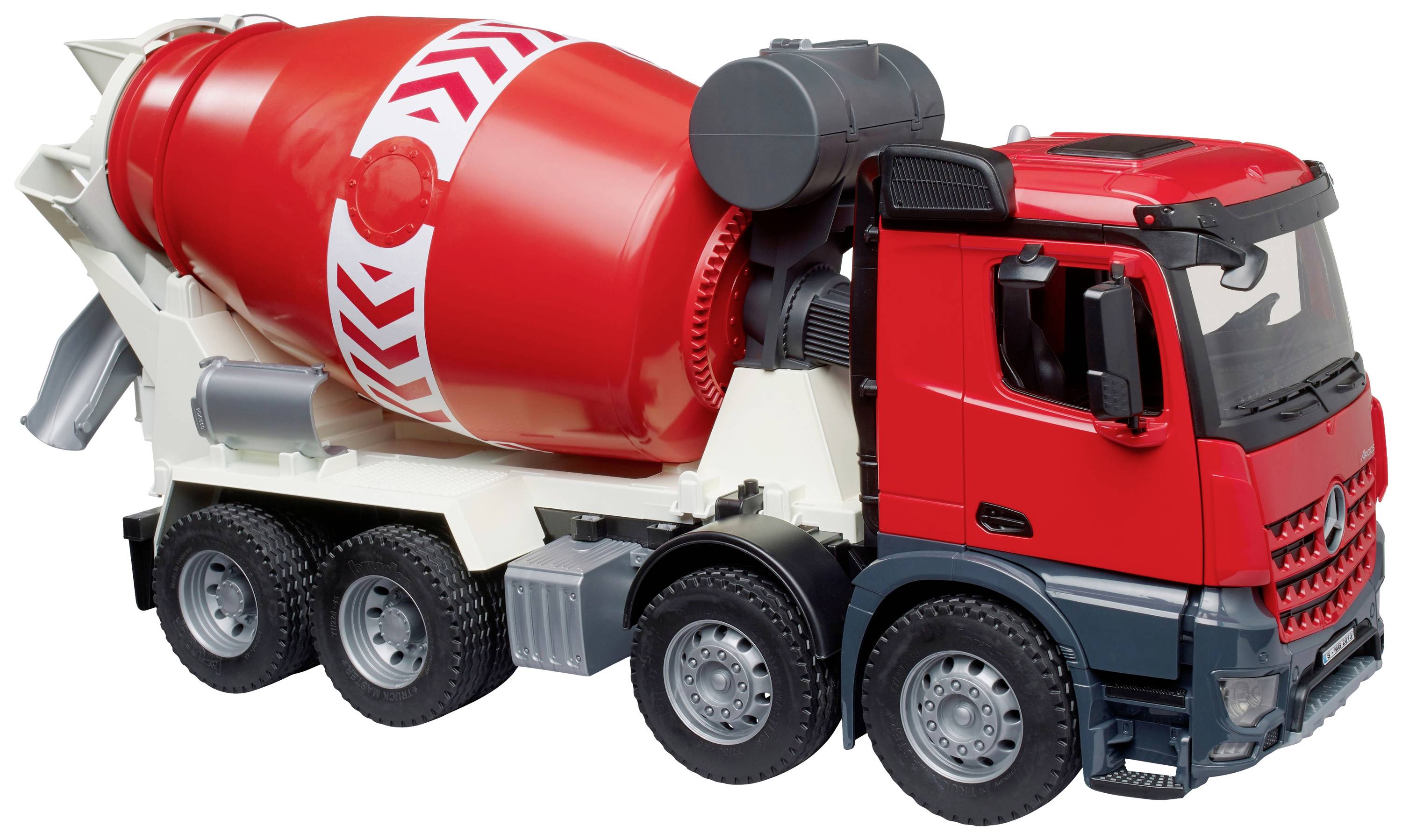 Véhicule de chantier miniature rouge avec un tambour rouge et blanc, posé sur une surface lisse.