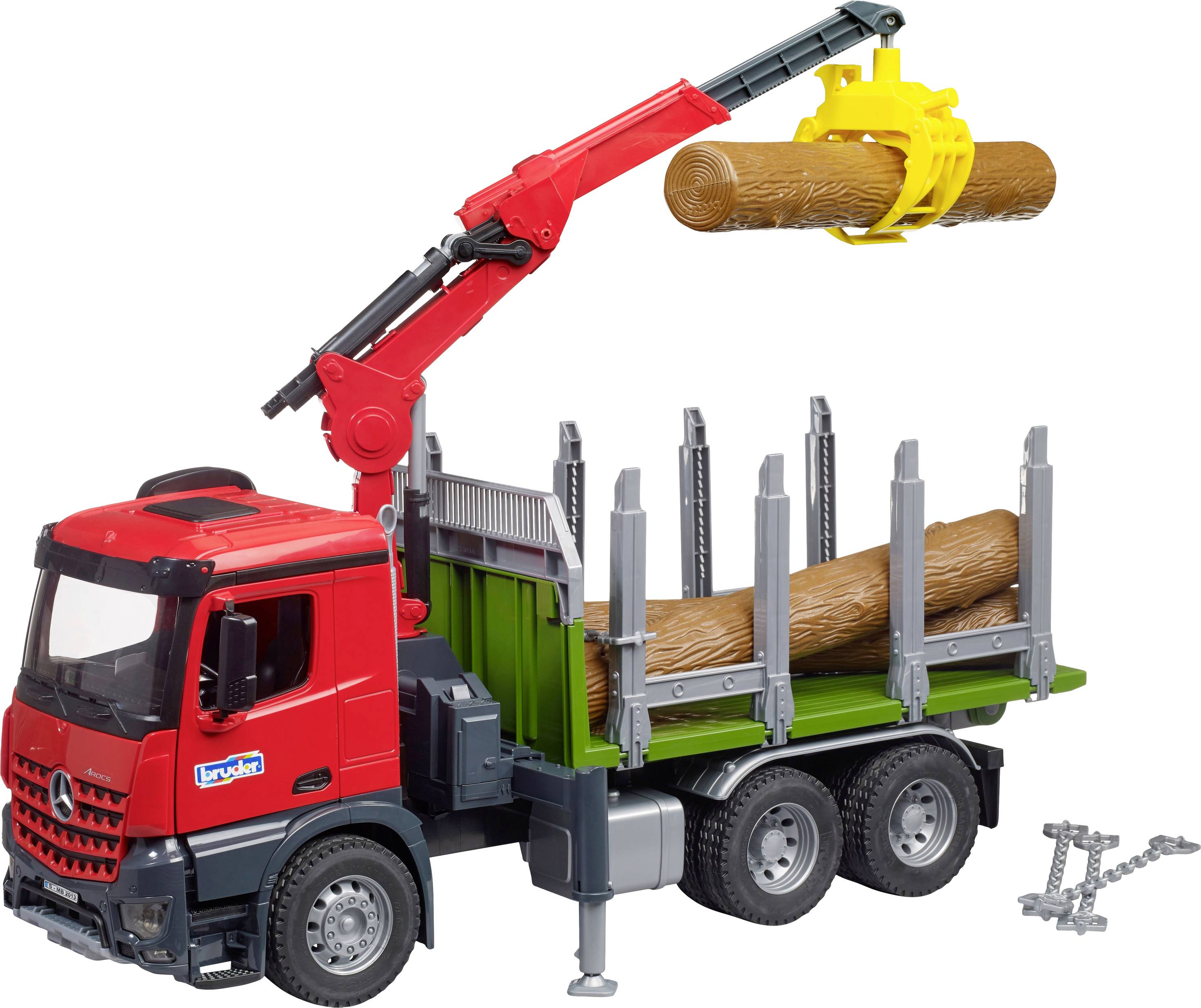 Camion-jouet avec cabine rouge et carrosserie verte, équipé d'une grue soulevant des troncs d'arbres.