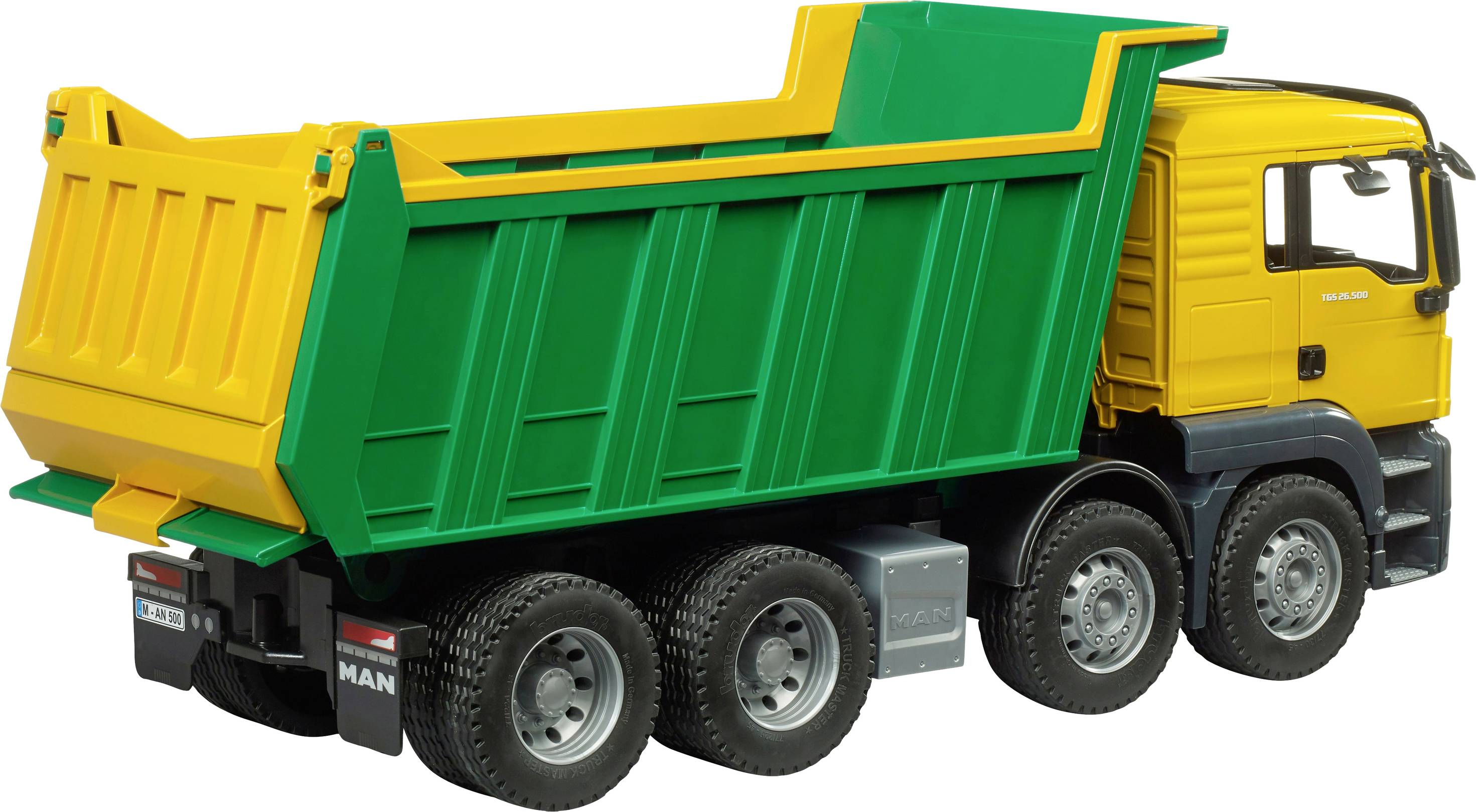 Camion-benne jouet avec cabine de conduite jaune et espace de chargement vert, conçu pour jouer et explorer de manière réaliste des scénarios de chantier.