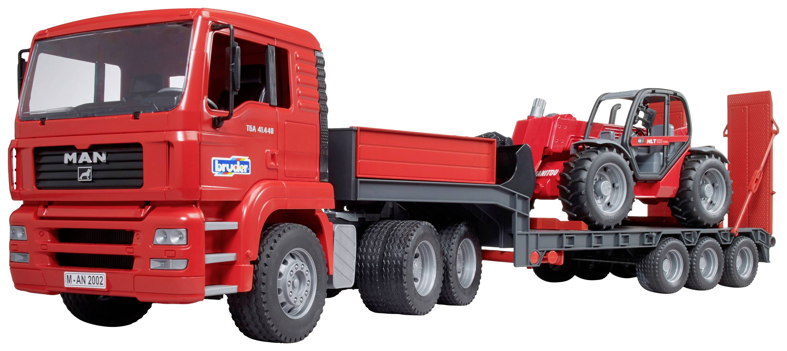 Un camion rouge transporte un petit véhicule de chantier sur sa remorque. Les deux véhicules sont représentés à une échelle réduite.