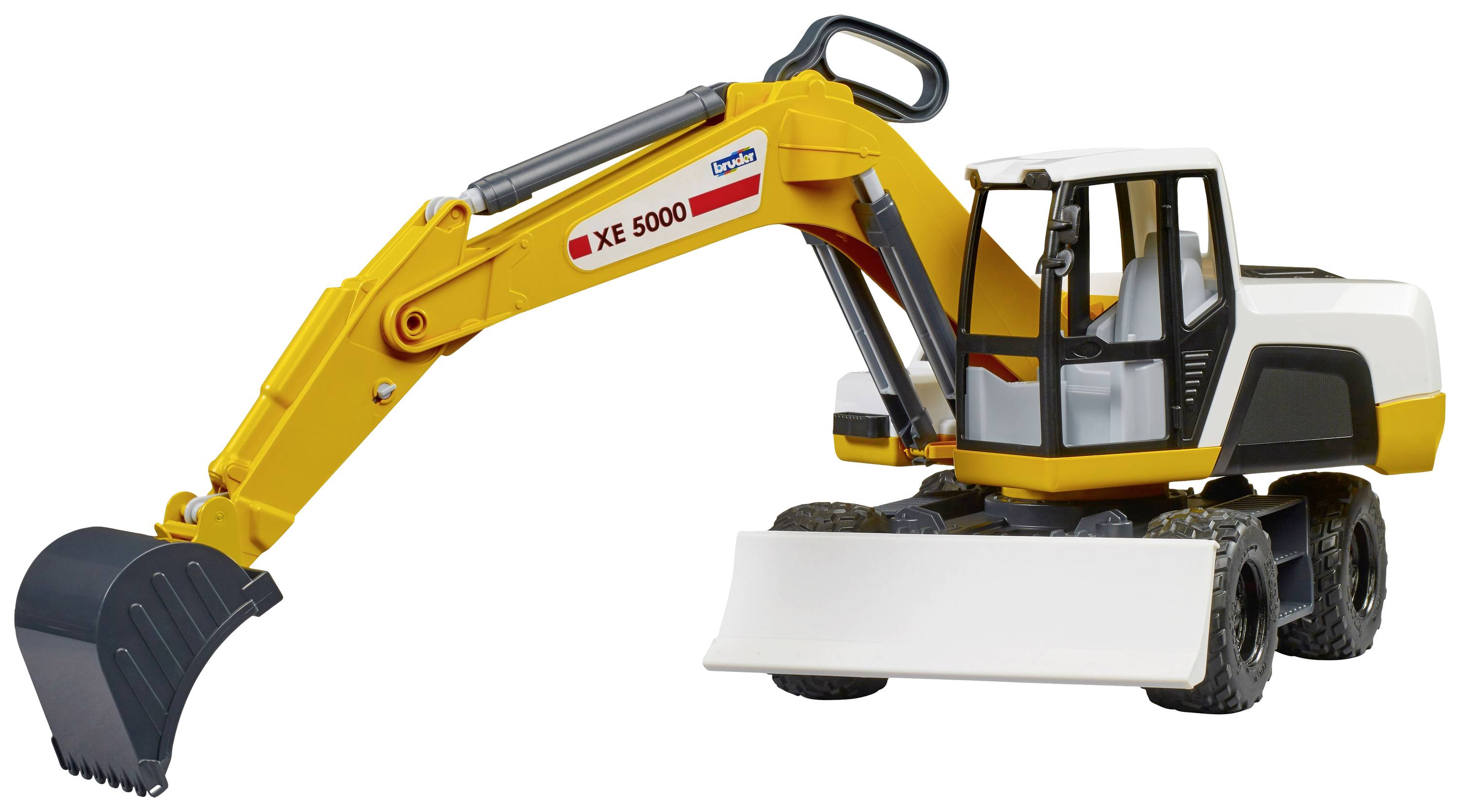 Véhicule de chantier jouet jaune avec un bras mobile et un godet, monté sur des roues blanches. Autocollant 'XE 5000'.