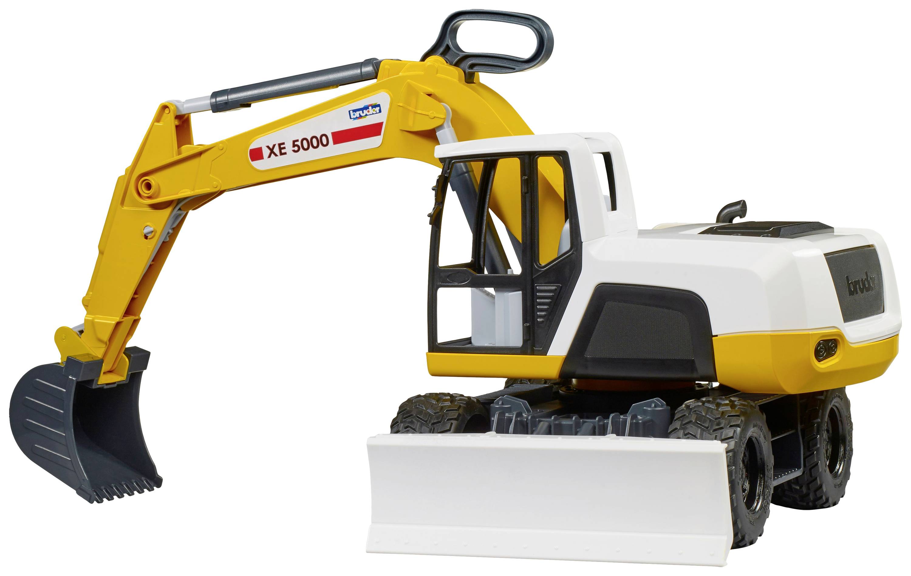 Pelleteuse jouet en jaune et blanc portant l'inscription 'XE 5000', équipée d'un godet et d'une lame de nivellement à l'avant.