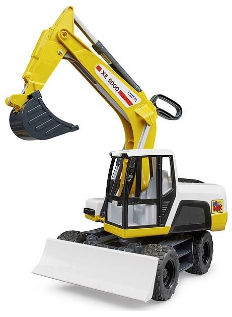 Pelleteuse jouet avec bras jaune et godet noir. Inscription 'XE 5000'. Quatre grandes roues, cabine de conduite blanche.