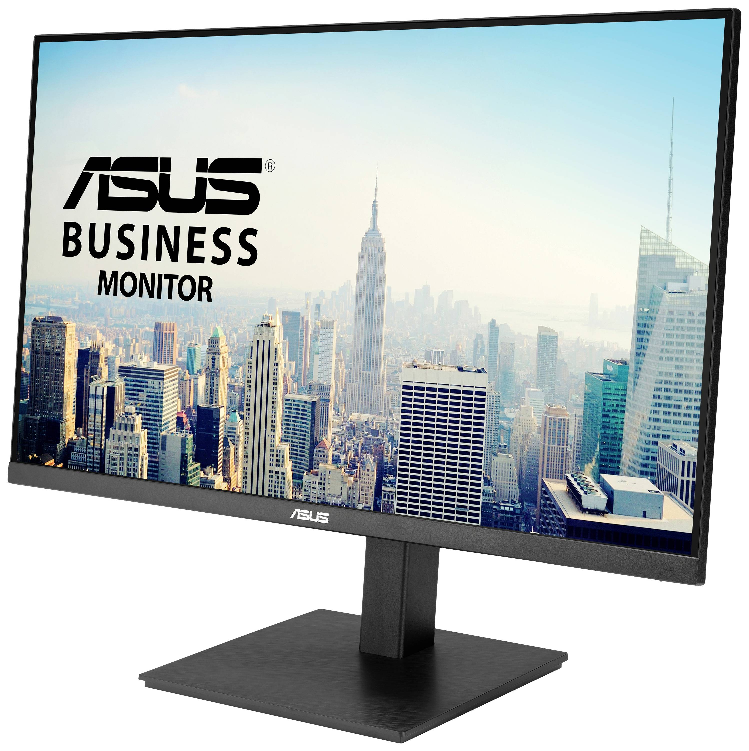 Écran d'affaires ASUS affiche un paysage urbain avec des gratte-ciels en arrière-plan. Principalement conçu pour les présentations professionnelles.