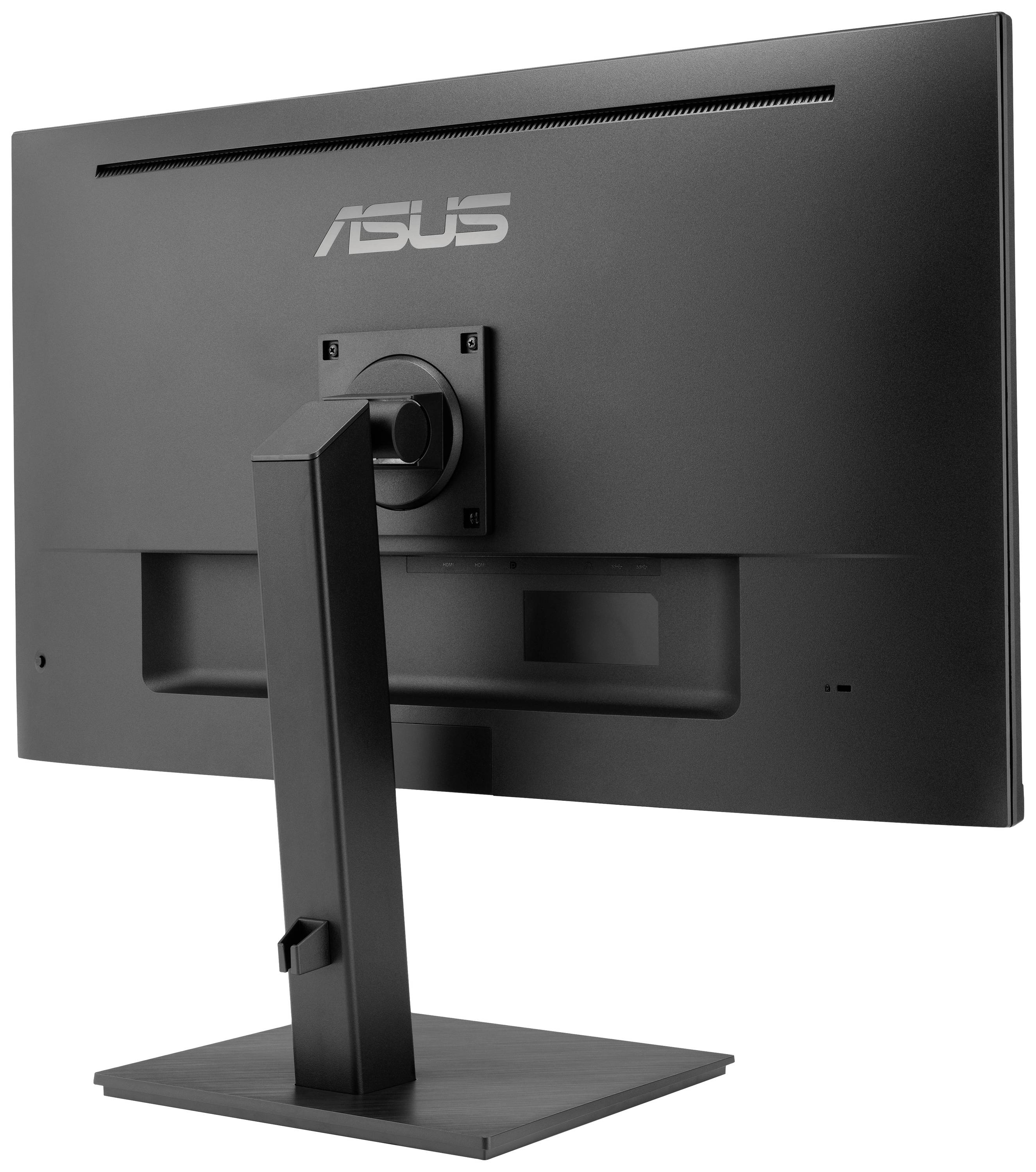 Un moniteur noir ASUS vu de dos avec un socle rectangulaire et un point de fixation central.