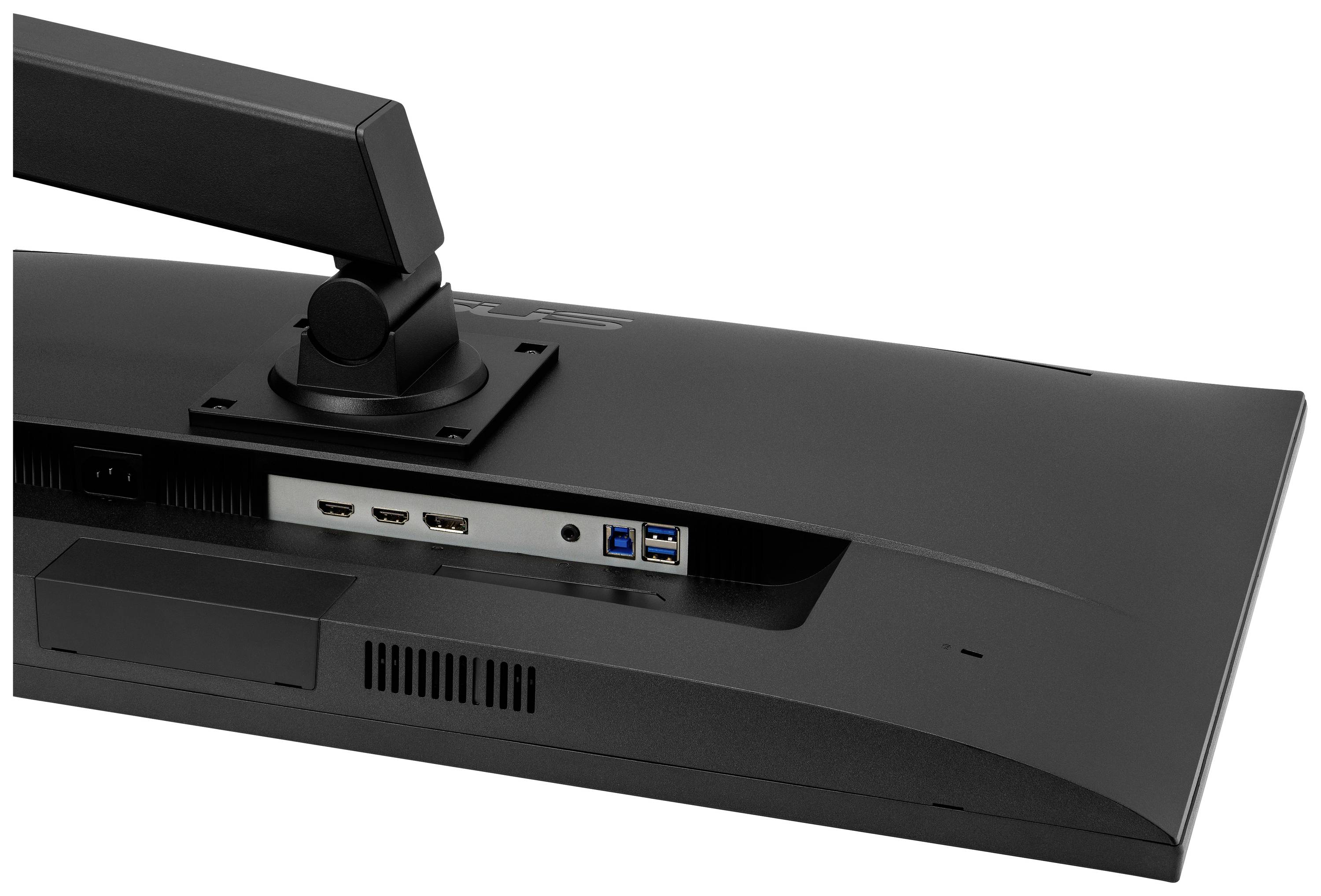 Dos d'un moniteur avec des connecteurs : connecteur d'alimentation, ports HDMI, DisplayPort, ports USB et fentes de ventilation.