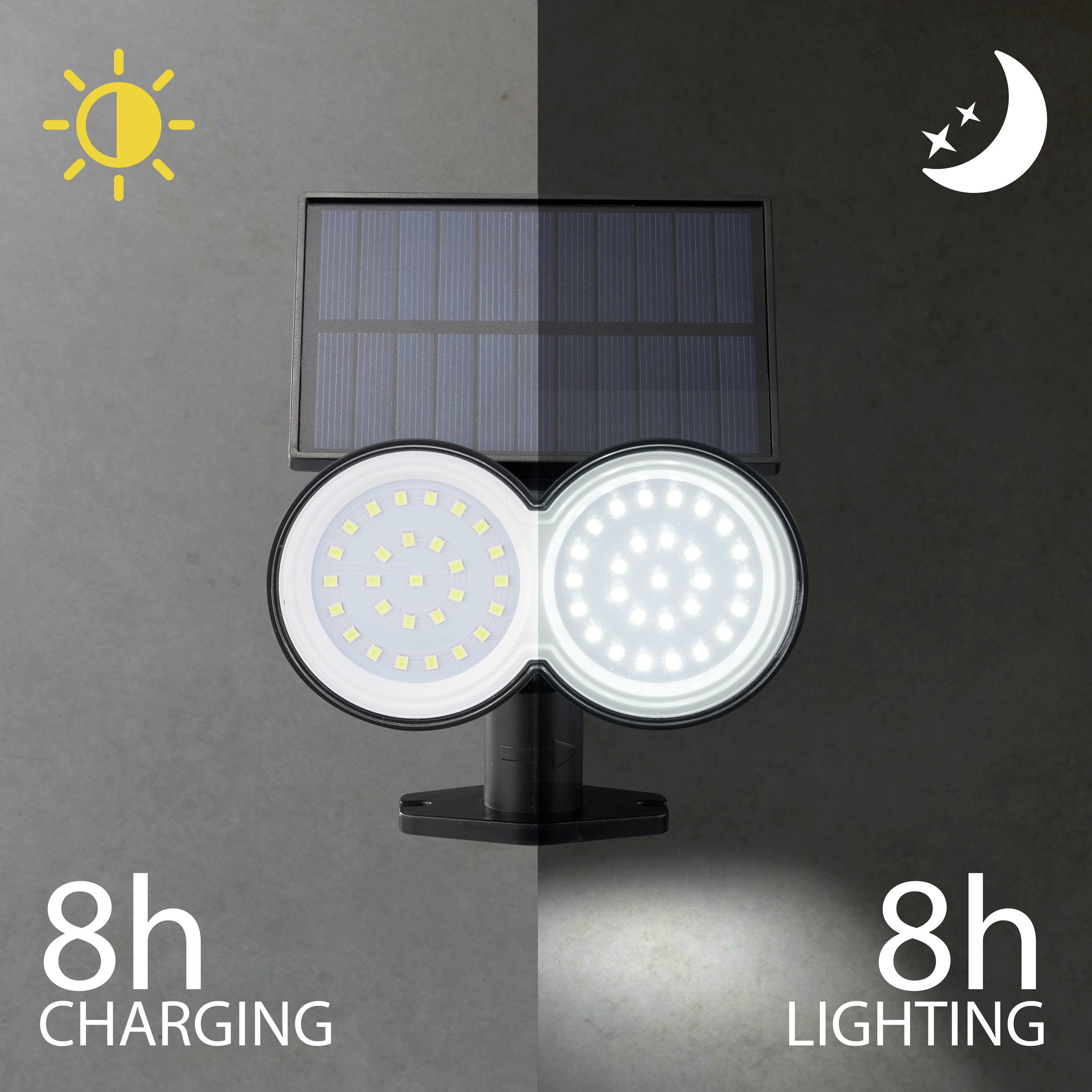 Lampe solaire : à gauche lumière diurne et temps de charge de 8 heures, à droite illumination nocturne avec 8 heures d'autonomie d'éclairage.
