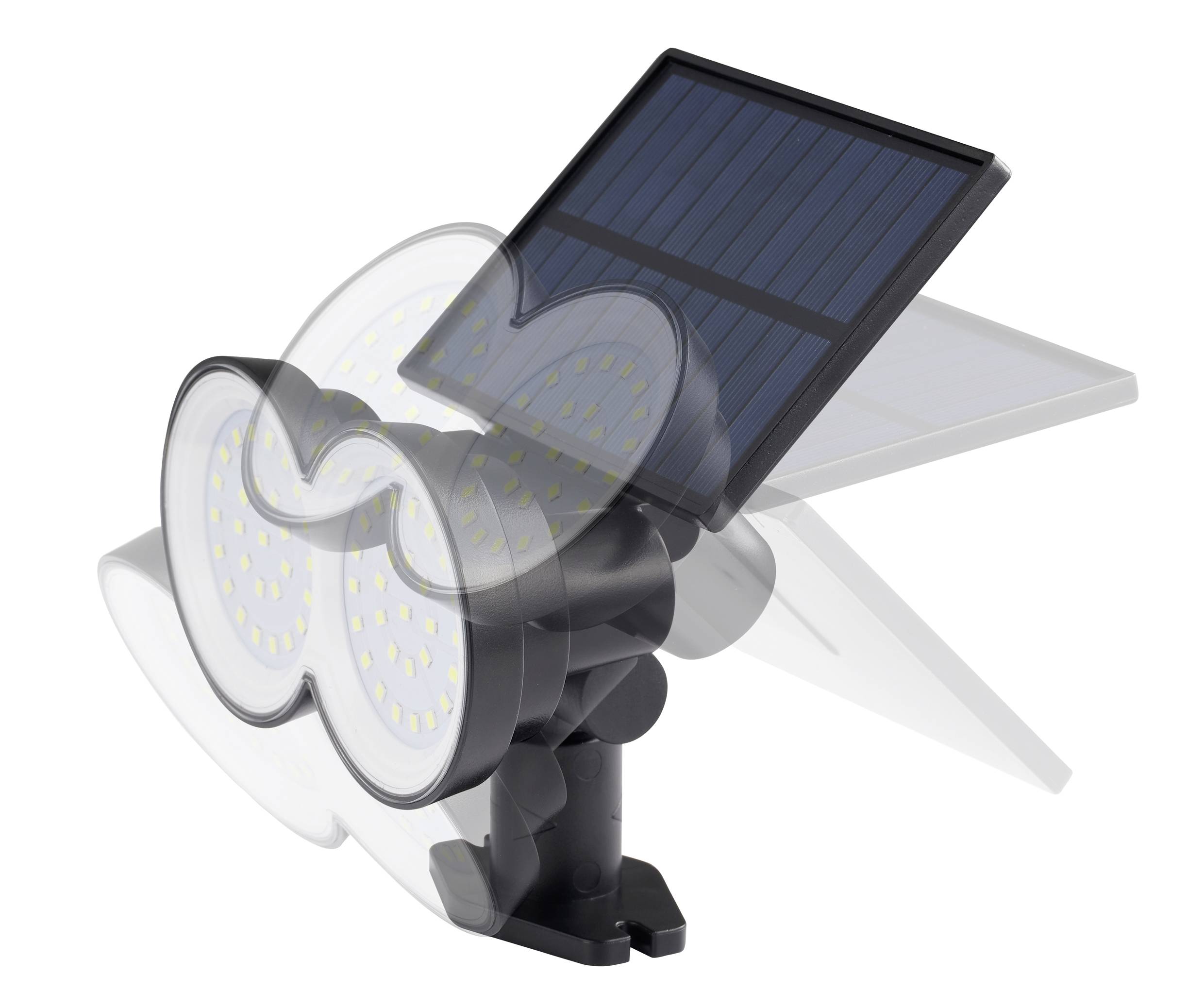 Lampe solaire LED mobile avec panneau solaire, adaptée à une utilisation extérieure. Elle dispose de deux têtes lumineuses réglables pour un éclairage flexible.